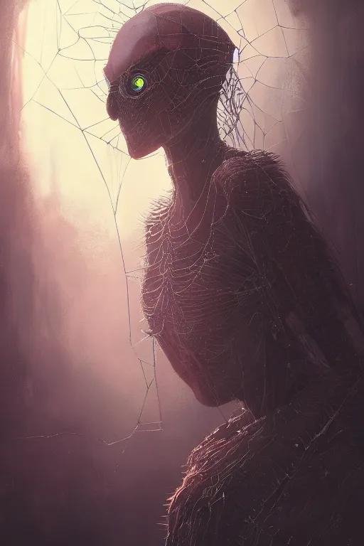 Image similar to A fancy portrait of a women spider by Greg Rutkowski, beeple, Sung Choi, Mitchell Mohrhauser, Maciej Kuciara, Johnson Ting, Maxim Verehin, Peter Konig, Bloodborne, 8k photorealistic, cinematic lighting, HD, high details, dramatic, dark atmosphere, trending on artstation