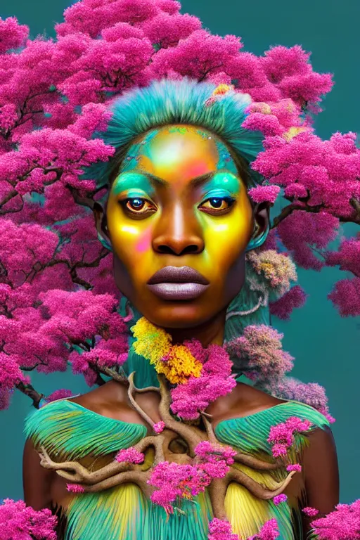 Image similar to hyperrealistic neo - rococo cinematic super expressive! yoruba goddess with exoskeleton armor, merging with tree in a forest, pink yellow flowers, highly detailed digital art masterpiece, smooth cam de leon eric zener dramatic pearlescent soft teal light, ground angle hd 8 k, sharp focus