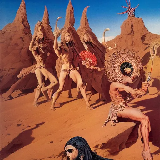 Image similar to pilgrimage of Desert Deity under crimson azure diamond sky, in the style of Frank Frazetta, Jeff Easley, Caravaggio, extremely clear and coherent, clear lines, 8K revolution