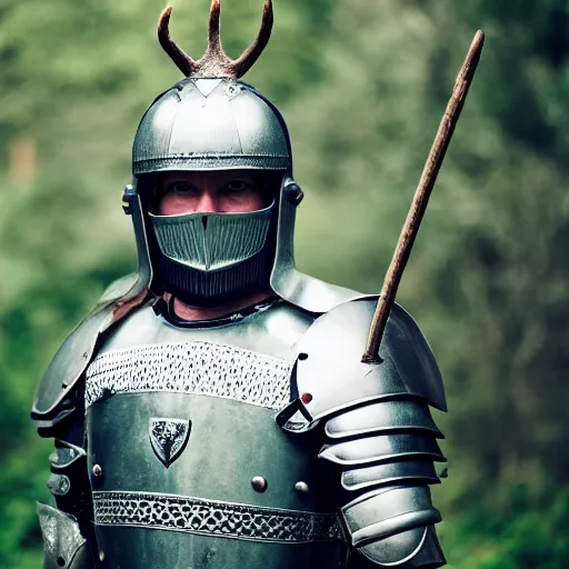 Prompt: a head and shoulders action portrait photo of a knight in a stag - themed helmet