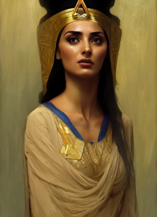 Prompt: leila bekhti as nefertiti, intricate, elegant, highly detailed, digital painting, artstation, concept art, smooth, sharp focus, illustration, art by rutkowski, mucha, orientalism, bouguereau