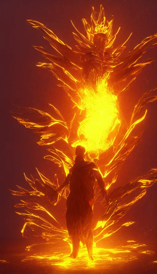 Prompt: a god made of golden fire, concept art, volumetric lighting