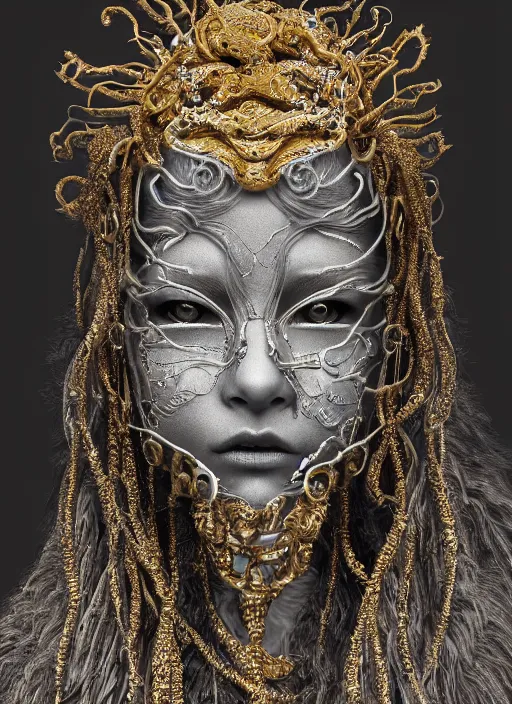 Image similar to hyperrealism, detailed textures, photorealistic symetrical japanese medusa queen portrait, silverplate, intricate, detailed facial animal mask, golden jewelery, silverplate, ultra realistic, cinematic, intricate, cinematic light by steve mccurry, unreal engine 8 k