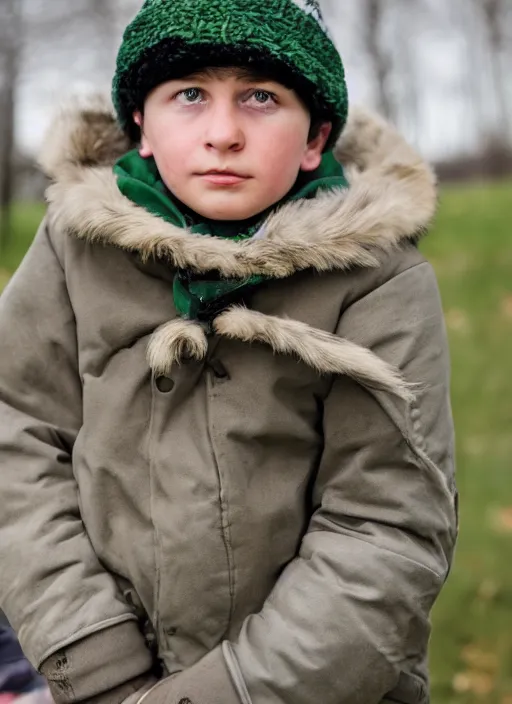 Image similar to portrait photo still of real life young stan marsh wearing a green trapper hat, 8 k, 8 5 mm, f. 1 4