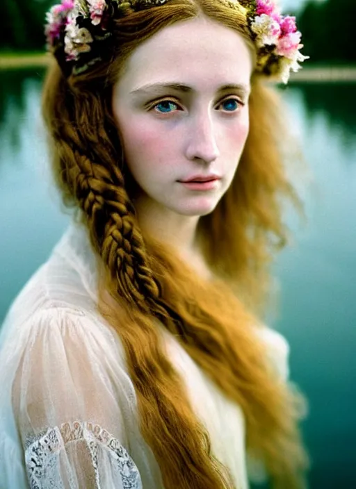 Image similar to Kodak Portra 400, 8K, soft light, volumetric lighting, highly detailed, britt marling style 3/4, extreme Close-up portrait photography of a beautiful woman how pre-Raphaelites, the hair floats on the water, a beautiful lace dress and hair are intricate with highly detailed realistic beautiful flowers , Realistic, Refined, Highly Detailed, natural outdoor soft pastel lighting colors scheme, outdoor fine art photography, Hyper realistic, photo realistic