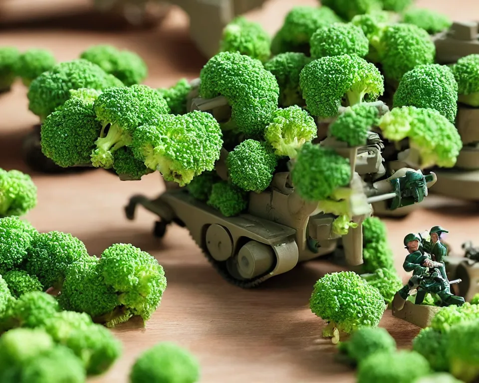 Image similar to close-up, hi-res photo of miniature toy soldiers operating a tank made out of broccoli.