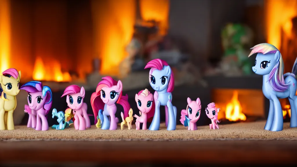 Image similar to A beautiful and wholesome scene of My Little Pony figurines in front of a lit fireplace, 4k, 8k, photography, warm lighting