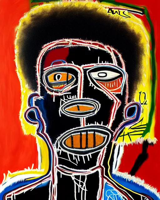 Prompt: a extremely ultra highly detailed majestic hi - res beautiful immaculate head and shoulders award winning painting stunning masterpiece of the face of a ultra highly detailed strong black african man by jean - michel basquiat, 8 k, high textures, ultra hyper sharp, insanely detailed and intricate, super detailed, 8 k hdr ultra high quality