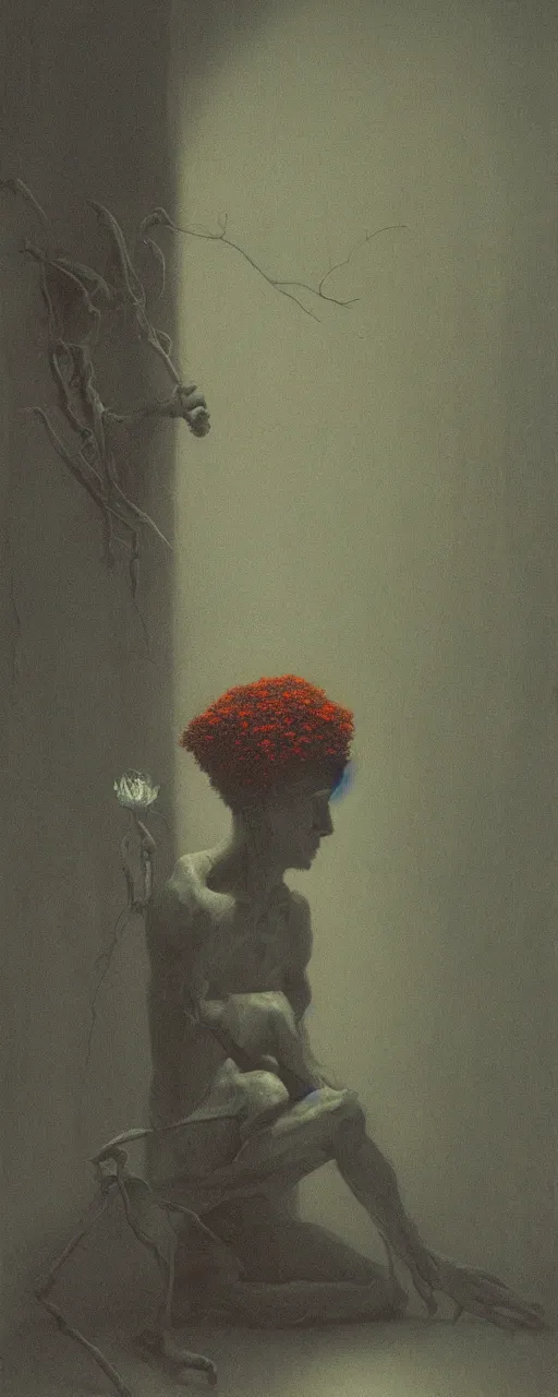 Image similar to dark figure tending to a dried flower in a dark room, zdzislaw beksinski, stephen gamell, 8 k, artstation