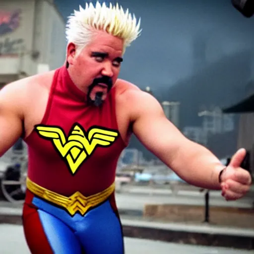 Image similar to Cinematic movie still of Guy Fieri cosplaying as Wonder Woman but it\'s actually Guy Fieri