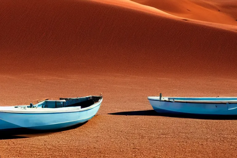 Image similar to photograph of a boat with two sails sailing in a desert, wide shot, atmospheric