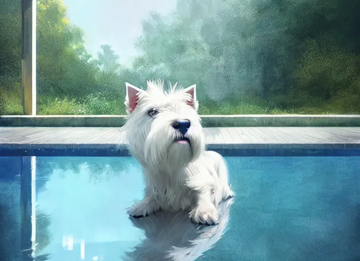 Image similar to west highland white terrier sitting by a pool, bright, reflections, intricate, sharp focus, lens flare, bloom, illustration, highly detailed, digital painting, concept art, matte, art by ruan jia and wlop and greg rutkowski, masterpiece