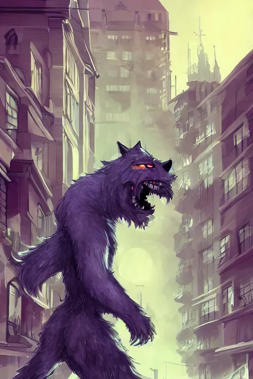 Prompt: fluffly werewolf, city background, sunny, city street, digital art, cute, artstation