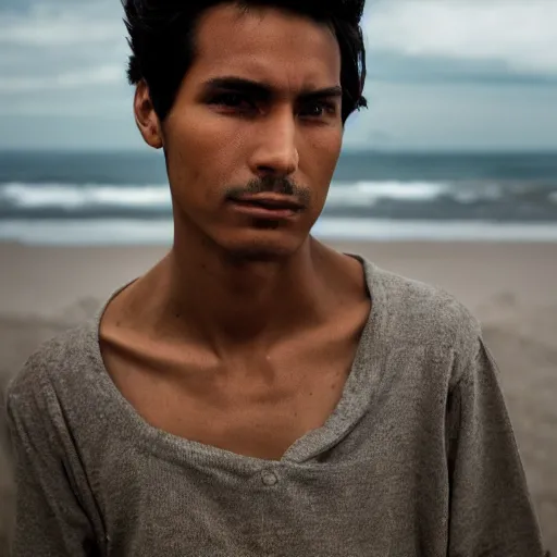 Image similar to color portrait of a very handsome peruvian male model by emmanuel lubezki