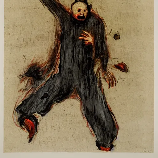 Image similar to hideous by vito acconci, by edouard manet ochre. illustration. a man with a large head & a small body is floating in the air, his arms & legs flailing. his clothes are tattered & he has a wild look in his eyes.