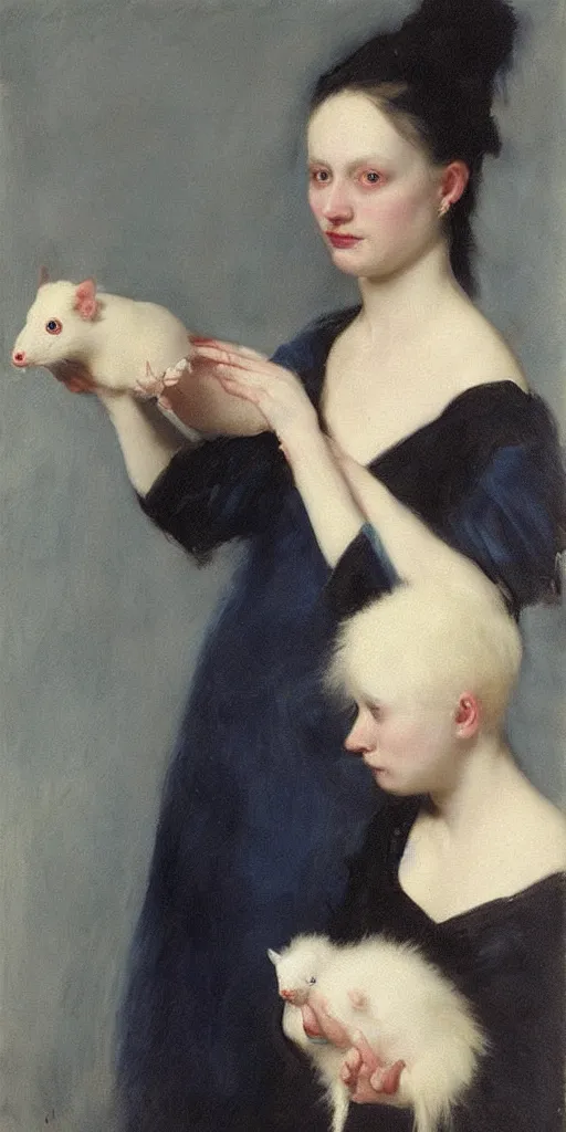 Prompt: “ a portrait of a blue haired girl holding an albino rat, very detailed, oil painting, madame x, dark background, by of john singer sargent ”