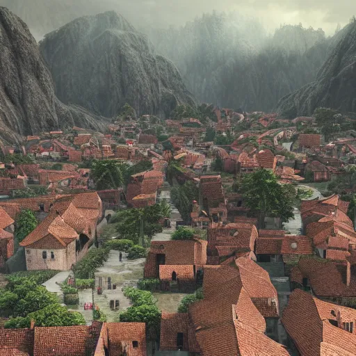 Image similar to the center of a poor medieval town under heavy rain at late dawn, in a valley, surrounded by mountains, highly detailed, octane render, ultra detailed cinematic, 8 k, widescreen, 1 6 : 9, hd