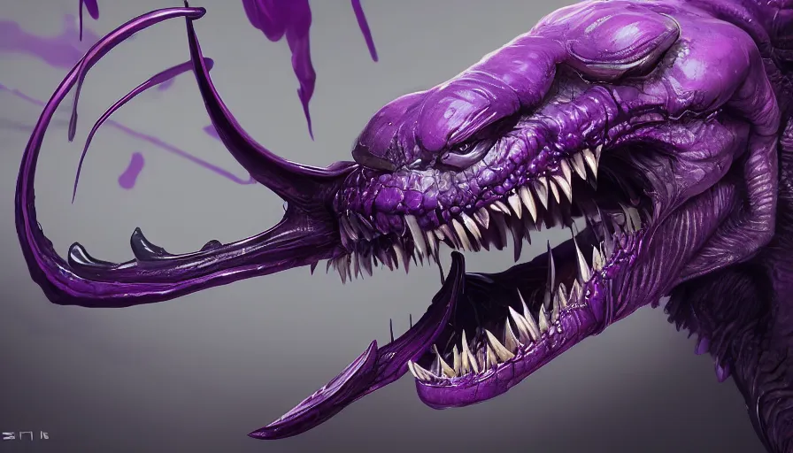 Image similar to purple venom with long sharp teeth, hyperdetailed, artstation, cgsociety, 8 k