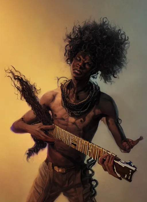 Prompt: fantasy changeling black kid with long curly hair playing electric guitar, two half's between, dim light, front game card, marvel comics, dark, intricate, highly detailed, smooth, artstation, digital illustration by ruan jia and mandy jurgens and artgerm and wayne barlowe and greg rutkowski and zdislav beksinski