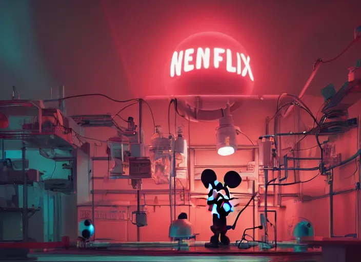 Image similar to giant mickey mouse head statue on the lab flow in front of a glowing neon netflix sign, a group of men in technicians pilot red jumpsuits in a lab try repair the mickey mouse head, made by artist beeple, moody scene, dramatic overhead lighting, extreme detailed, beeple render, limited color palette, 4 k octane render, artstation, hyper real