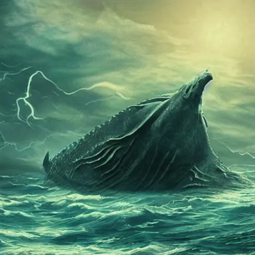 Prompt: sea monster shape like a ship in the deep dark sea, thalassophobia, realistic