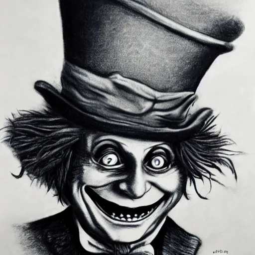 Image similar to horrifying charcoal drawing of the mad-hatter-willie-wonka-babadook