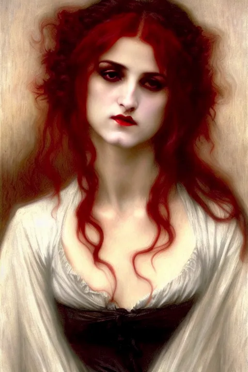 Image similar to victorian vampire white hair painting by rossetti bouguereau, detailed art, artstation