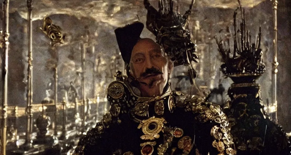 Prompt: the extreme long shot of arrogant salvador dali in the role of emperor | still frame from the prometheus movie by ridley scott with cinematogrophy of christopher doyle, arri alexa, anamorphic bokeh and lens flares, 8 k, higly detailed masterpiece