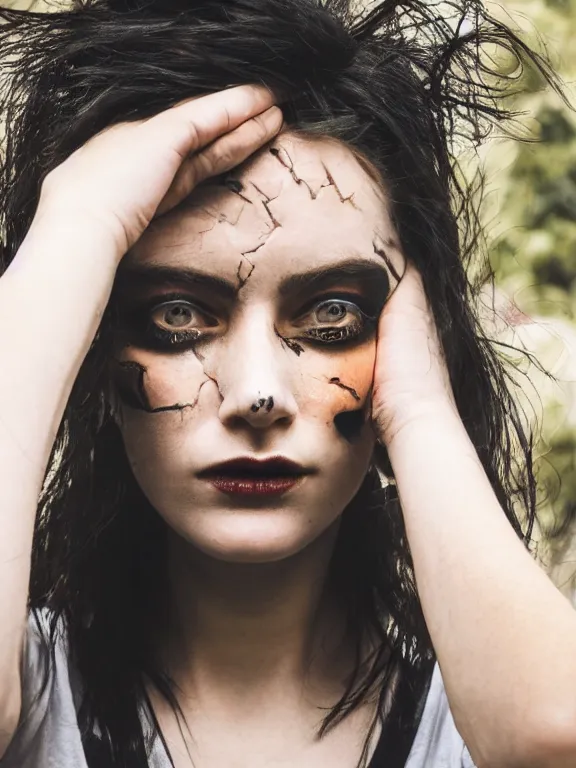 Image similar to hyperdetailed close shot of a beautiful daisy edgar - jones, brown eyes, dark hair, black makeup, skin, winds of winter, with ripped crop t - shirt with a logo, fine - face, pretty face