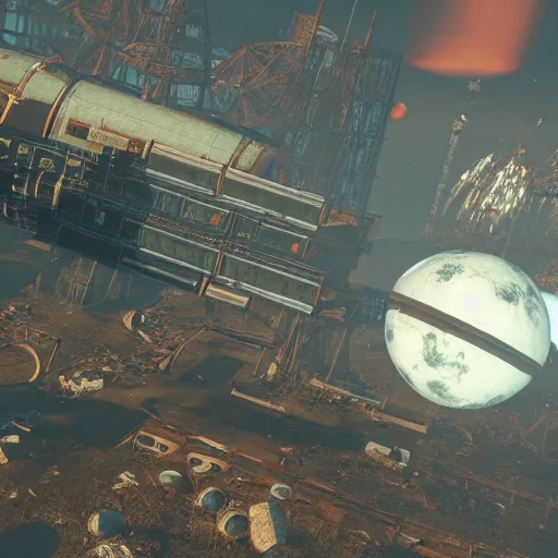 Prompt: the international space station in ruins post - nuclear war in fallout 4, in game screenshot