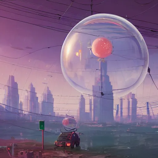 Image similar to A city trapped in a giant transparent dome, bubbles, cinematic lighting, insanely detailed, artstation, cgsociety, painted by Simon Stalenhag, concept art, illustration, sharp focus,
