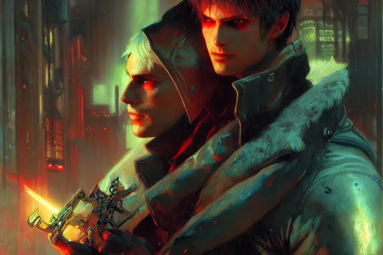 Image similar to winter, attractive male, devil may cry game neon light, cyberpunk, painting by gaston bussiere, craig mullins, j. c. leyendecker