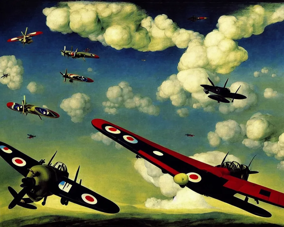 Prompt: an achingly beautiful print of the Battle of Britain by Raphael, Hopper, Goya, and Rene Magritte. detailed, romantic, enchanting, trending on artstation.