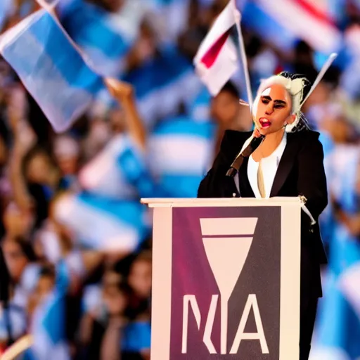 Image similar to Lady Gaga as president, Argentina presidential rally, Argentine flags behind, bokeh, giving a speech, detailed face, Argentina