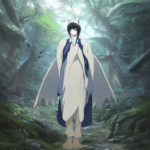 Image similar to concept art painting of an anthropomorphic anime style white raven wearing dark blue robes, in the deep forest, realistic, detailed, cel shaded, in the style of makoto shinkai and greg rutkowski and james gurney