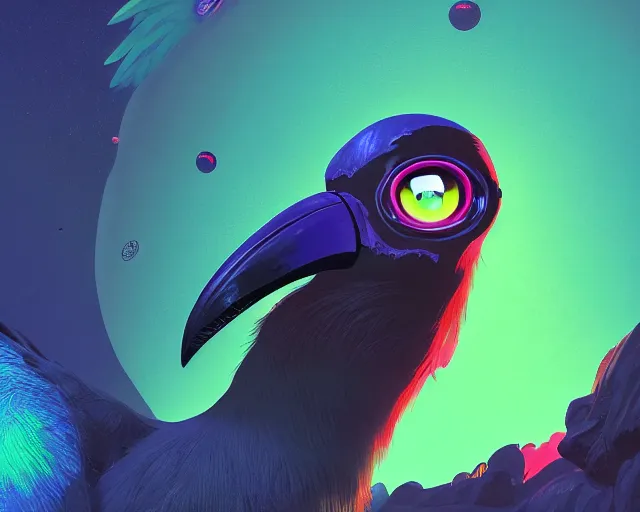 Prompt: tucan on the moon with neon cute giant eyes, intricate abstract. intricate artwork, by tooth wu, wlop, beeple, dan mumford. concept art, octane render, trending on artstation, greg rutkowski very coherent symmetrical artwork. cinematic, key art, hyper realism, high detail, octane render, 8 k, iridescent accents