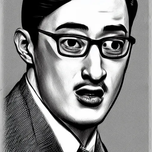 Image similar to A 1950s Style Comic-Like Drawing of Filthy Frank, grainy, realistic, hyperrealistic, very realistic, very very realistic, highly detailed, very detailed, extremely detailed, detailed, digital art, trending on artstation, detailed face, very detailed face, very detailed face, realism, HD Quality, 8k resolution, intricate details, body and head in frame, drawing, inked drawing, comic drawing, neat drawing, 1950s, 50s, in the style of Frank Hampson, in the style of Frank Bellamy, in the style of Dave Gibbons, in the style of Don Lawrence, in the style of Wally Wood