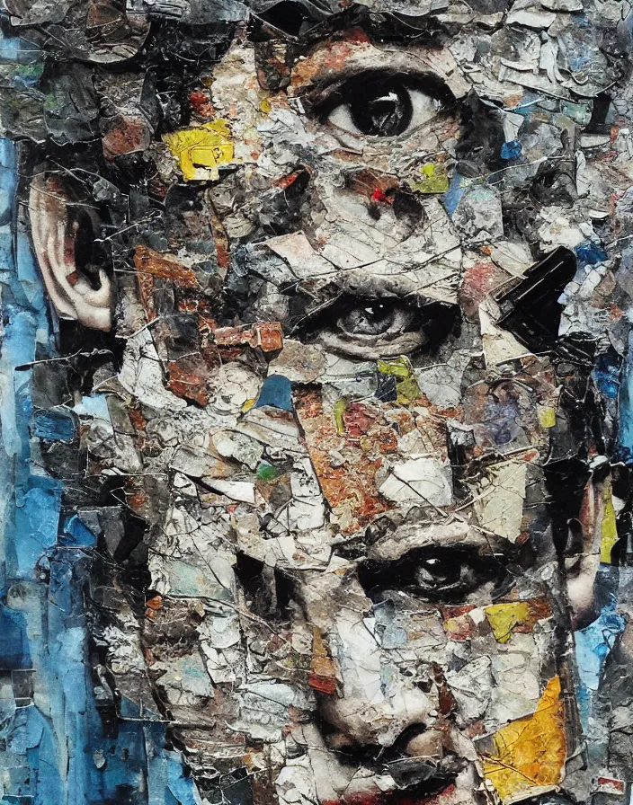 Prompt: male broken face male fight detailed analogue mixed media collage with canvas texture in style of contemporary art, punk art, hyperrealistic beautiful face, photorealistic, expressionism, masterpiece, perfect composition, spectacular quality, intricate oil details, vivid broken glass, torn paper