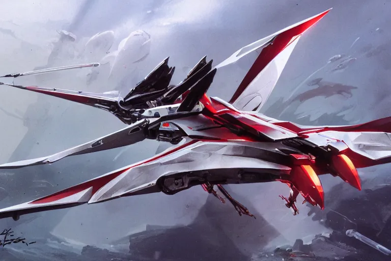 Image similar to a pteranodon mecha interceptor, white john berkey armor panels, wine-red and grey trim, robotech styling, with white Kanji markings outlined in black, boeing concept art painting, cinematic lighting, amazing lifelike cinematic photo render