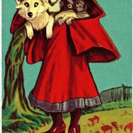 Prompt: little red riding hood wearing a luxurious fur coat with a wolf head hood, vintage Halloween postcard