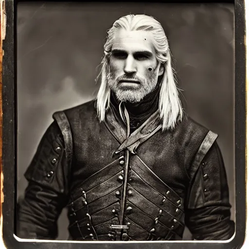 Image similar to wet plate photo of geralt of rivia dressed in colonial uniform