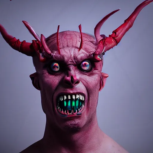 Prompt: a demon inspired by circuits created by the make up artist hungry, photographed by andrew thomas huang, cinematic, expensive visual effects