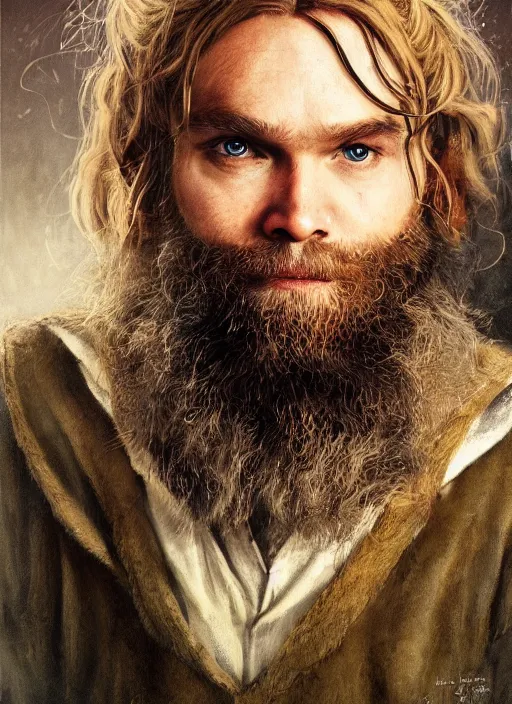 Prompt: portrait of pewdiepie as a hobbit, happy hobbit eating, by alan lee, lord of the rings, smooth, oil painting, matte painting, concept art, trending on artstation, promotional artwork, film still, elegant, photorealistic facial features, intricate, detailed face, cinematic lighting