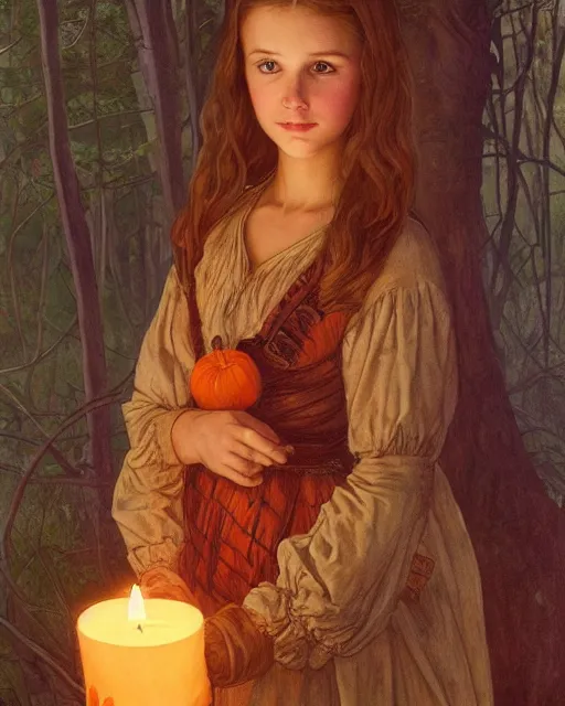 Image similar to a realistic candlelit portrait painting of a thoughtful girl resembling a young, shy, redheaded alicia vikander or millie bobby brown wearing peasant dress carrying a jack - o - lantern in a fall forest at night, highly detailed, intricate, concept art, artstation, by donato giancola, alphonse mucha, and william bouguereau