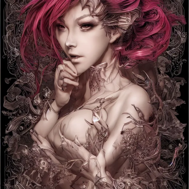 Image similar to the portrait of chaotic evil sensual female necromancer mastermind as absurdly beautiful, gorgeous, elegant, sophisticated young gravure idol, an ultrafine hyperdetailed illustration by kim jung gi, irakli nadar, intricate linework, bright colors, octopath traveler, final fantasy, unreal engine 5 highly rendered, global illumination, radiant light, detailed and intricate environment