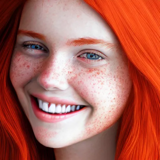 Prompt: a cute red-haired female with freckles, smiling, ultra realistic digital painting