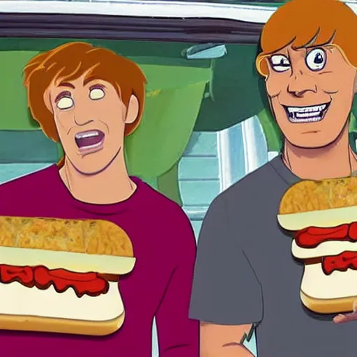 Image similar to realistic photo of scooby doo and shaggy with 2 foot high sandwiches