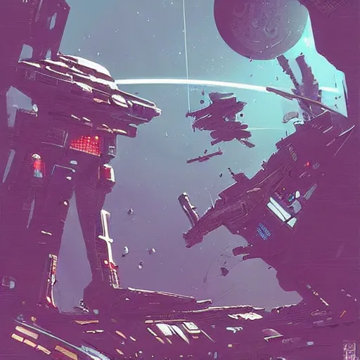 Prompt: space battle between two ships, industrial scifi, cyberpunk, in the style of Ashley Wood and Moebius