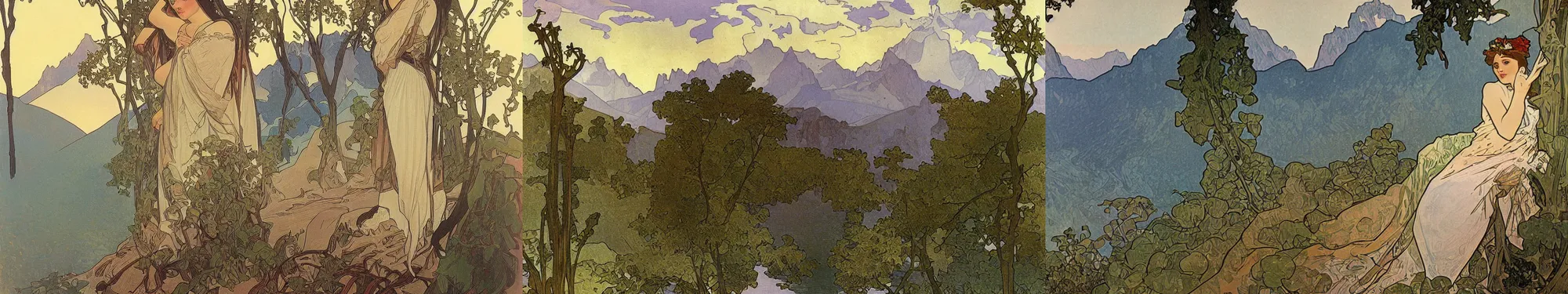 Prompt: mountains, trees, and lake, by alphonse mucha