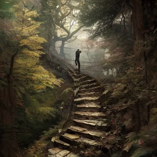 Prompt: a man, walking up a steep and winding staircase. in woods. intricate, elegant, highly detailed, digital painting, artstation, concept art, sharp focus, illustration, by justin gerard and artgerm, 8 k